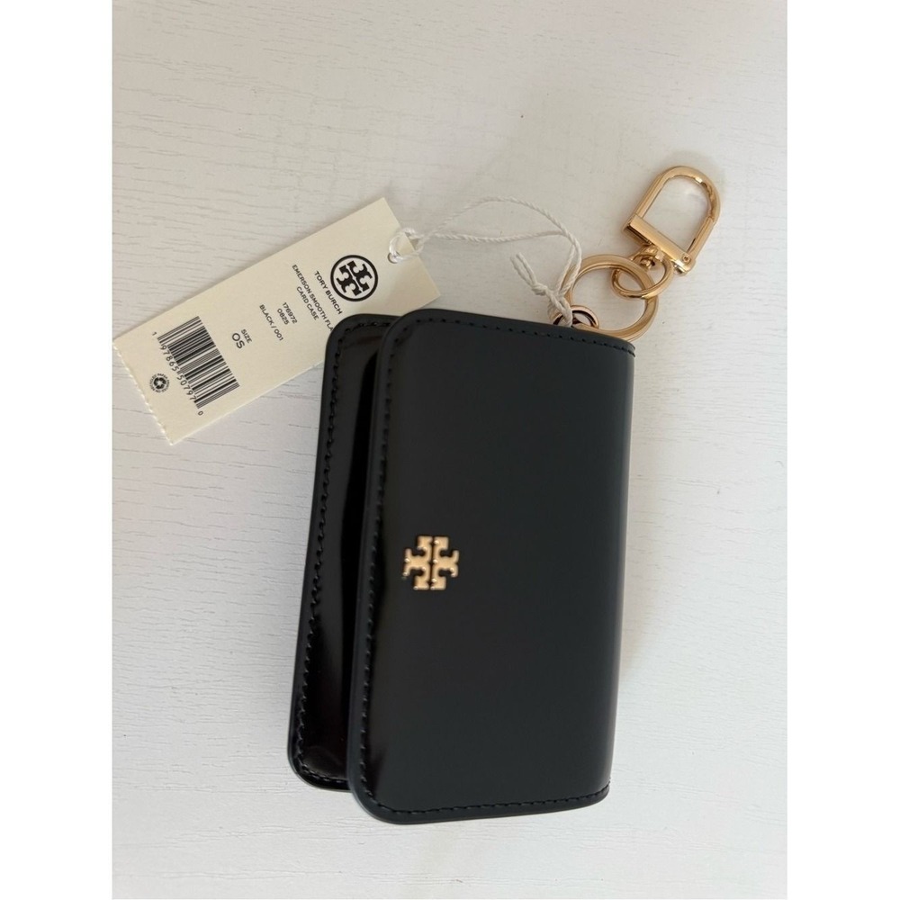 Tory Burch Emerson Smooth Flap Card Case Wallet 176972 Sleek Black Zip Key Hook - Picture 4 of 10